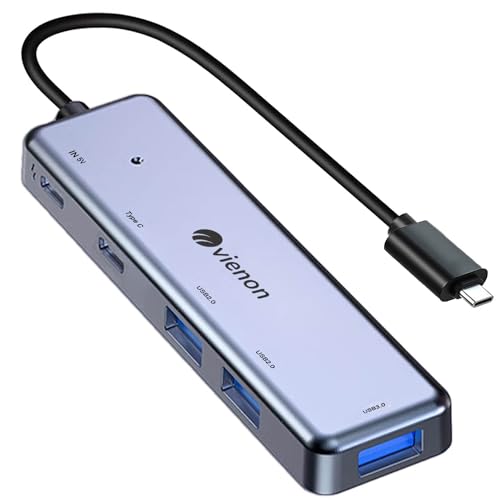 vienon USB-C-Hub, USB-Hub, 3.0, Aluminium, 5-in-1, USB-C-Dongle, USB-C-Splitter mit 1 x USB 3.0, 2 x USB 2.0, 1 x USB-C-Daten, 1 x USB-C-Ladeanschluss für MacBook Pro Air und weitere von vienon