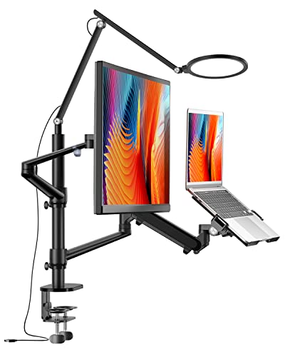Monitor-/Laptop-Tischhalterung mit 7" LED-Ringlicht, 3 Farben und 5 Helligkeitsaugen, Gasfederarm, höhen&winkelverstellbar, Aluminium, kompatibel mit 17-32“Monitoren/12-17”Laptops für Home Office von viozon