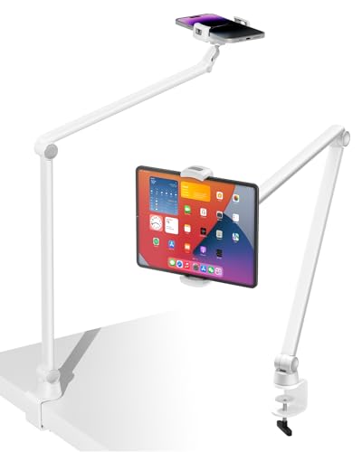 viozon Handyhalterung mit 2 verstellbare Klemmen für 3,5-13 Zoll Handys und Tablets, Höhenwinkelverstellbar, 360-Grad-Drehung, Clip auf der Basis, Overhead-Aufnahme (Weiß) Cellphone Holder DE-LD-402W von viozon
