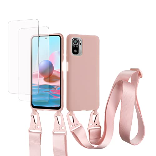 vrupin kompatibel mit Redmi Note 10 4G/Note 10S Handykette Hülle,[2 Stück Schutzfolie 9H Härte Gehärtete Folie].Necklace Hülle Nylon Schultergurt Weich Flüssiges Silikon-Lotus Farbe von vrupin