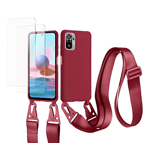 vrupin kompatibel mit Redmi Note 10 4G/Note 10S Handykette Hülle,[2 Stück Schutzfolie 9H Härte Gehärtete Folie].Necklace Hülle Nylon Schultergurt Weich Flüssiges Silikon-rot von vrupin
