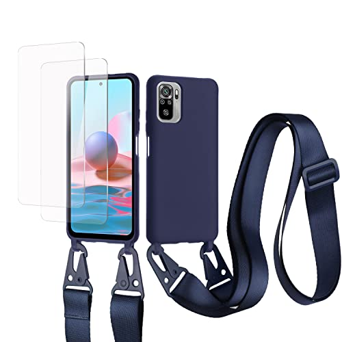 vrupin kompatibel mit Redmi Note 10 PRO/Note 10 PRO Max 4G Handykette Hülle,[2 Stück Schutzfolie 9H Härte Gehärtete Folie].Necklace Hülle Nylon Schultergurt Weich Flüssiges Silikon-Navy blau von vrupin