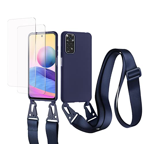 vrupin kompatibel mit Redmi Note 11 Pro Handykette Hülle,[2 Stück Schutzfolie 9H Härte Gehärtete Folie].Necklace Hülle Nylon Schultergurt Weich Flüssiges Silikon-Navy blau von vrupin
