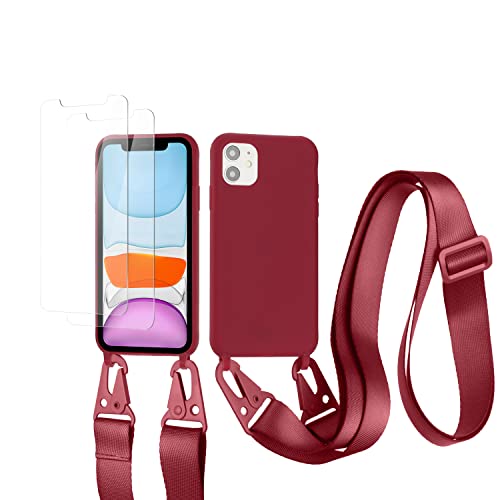 vrupin kompatibel mit Samsung Galaxy A13 4G Handykette Hülle,[2 Stück Schutzfolie 9H Härte Gehärtete Folie].Necklace Hülle Nylon Schultergurt Weich Flüssiges Silikon-dunkel pink von vrupin