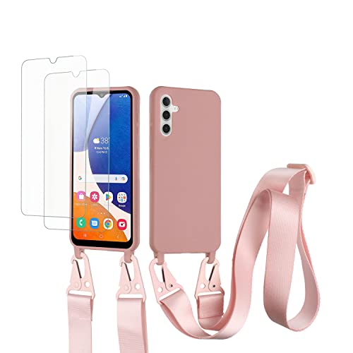 vrupin kompatibel mit Samsung Galaxy A14 5G Handykette Hülle,[2 Stück Schutzfolie 9H Härte Gehärtete Folie].Necklace Hülle Nylon Schultergurt Weich Flüssiges Silikon-Lotus Farbe von vrupin