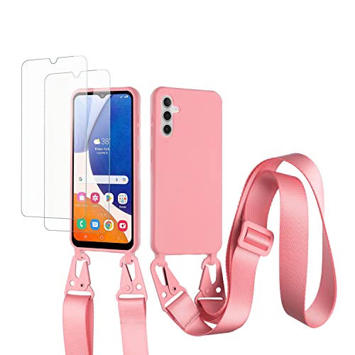 vrupin kompatibel mit Samsung Galaxy A14 5G Handykette Hülle,[2 Stück Schutzfolie 9H Härte Gehärtete Folie].Necklace Hülle Nylon Schultergurt Weich Flüssiges Silikon-dunkel pink von vrupin