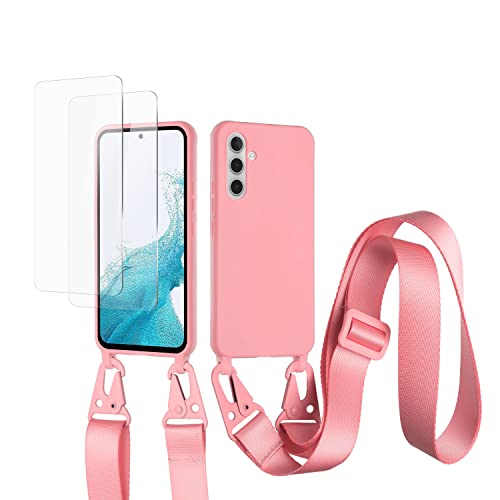 vrupin kompatibel mit Samsung Galaxy A15 5G Handykette Hülle,[2 Stück Schutzfolie 9H Härte Gehärtete Folie].Necklace Hülle Nylon Schultergurt Weich Flüssiges Silikon-dunkel pink von vrupin