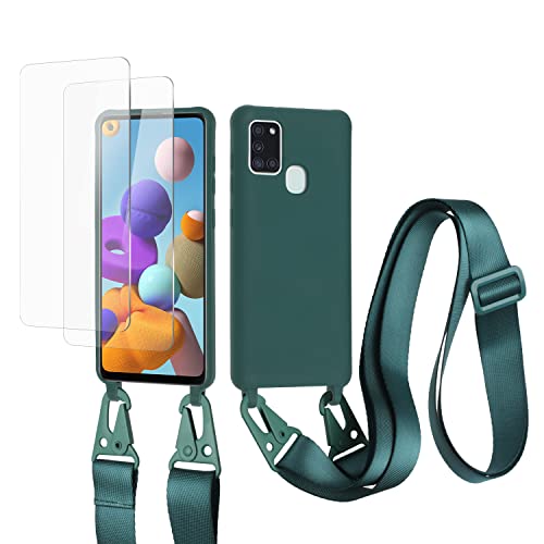 vrupin kompatibel mit Samsung Galaxy A21S Handykette Hülle,[2 Stück Schutzfolie 9H Härte Gehärtete Folie].Necklace Hülle Nylon Schultergurt Weich Flüssiges Silikon-Dunkelgrün von vrupin