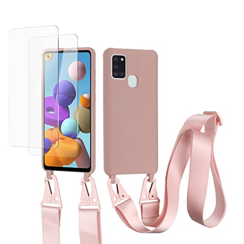 vrupin kompatibel mit Samsung Galaxy A21S Handykette Hülle,[2 Stück Schutzfolie 9H Härte Gehärtete Folie].Necklace Hülle Nylon Schultergurt Weich Flüssiges Silikon-Lotus Farbe von vrupin