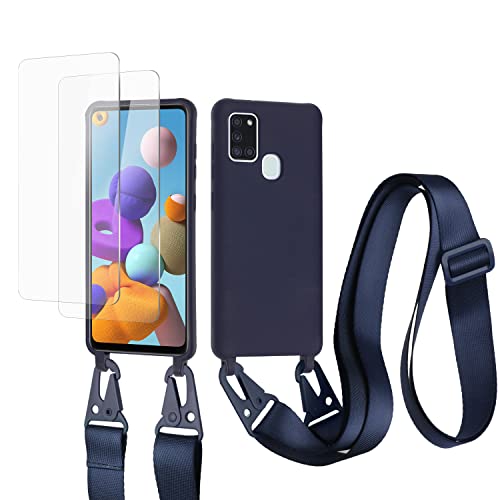 vrupin kompatibel mit Samsung Galaxy A21S Handykette Hülle,[2 Stück Schutzfolie 9H Härte Gehärtete Folie].Necklace Hülle Nylon Schultergurt Weich Flüssiges Silikon-Navy blau von vrupin