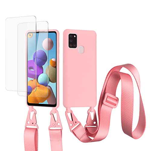 vrupin kompatibel mit Samsung Galaxy A21S Handykette Hülle,[2 Stück Schutzfolie 9H Härte Gehärtete Folie].Necklace Hülle Nylon Schultergurt Weich Flüssiges Silikon-dunkel pink von vrupin