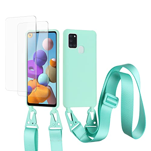 vrupin kompatibel mit Samsung Galaxy A21S Handykette Hülle,[2 Stück Schutzfolie 9H Härte Gehärtete Folie].Necklace Hülle Nylon Schultergurt Weich Flüssiges Silikon-hellgrün von vrupin