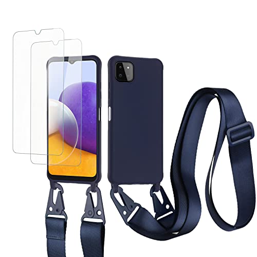 vrupin kompatibel mit Samsung Galaxy A22 5G Handykette Hülle,[2 Stück Schutzfolie 9H Härte Gehärtete Folie].Necklace Hülle Nylon Schultergurt Weich Flüssiges Silikon-Navy blau von vrupin