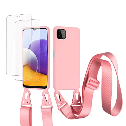 vrupin kompatibel mit Samsung Galaxy A22 5G Handykette Hülle,[2 Stück Schutzfolie 9H Härte Gehärtete Folie].Necklace Hülle Nylon Schultergurt Weich Flüssiges Silikon-dunkel pink von vrupin