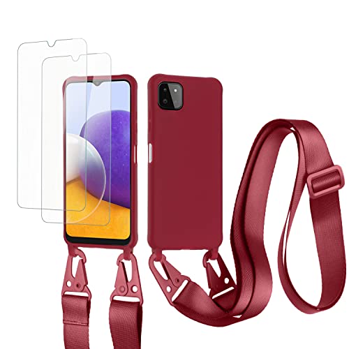 vrupin kompatibel mit Samsung Galaxy A22 5G Handykette Hülle,[2 Stück Schutzfolie 9H Härte Gehärtete Folie].Necklace Hülle Nylon Schultergurt Weich Flüssiges Silikon-rot von vrupin