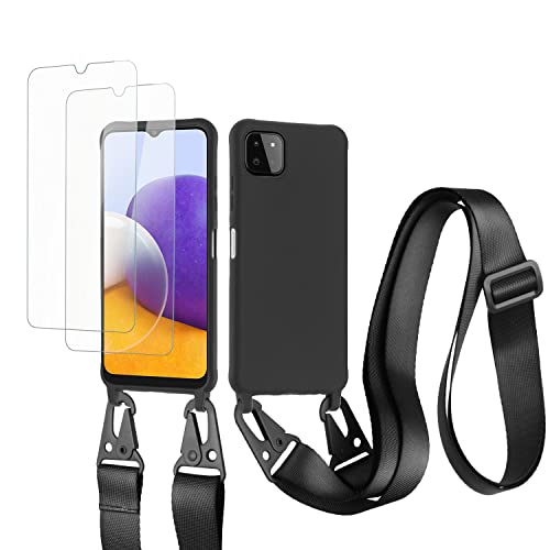 vrupin kompatibel mit Samsung Galaxy A22 5G Handykette Hülle,[2 Stück Schutzfolie 9H Härte Gehärtete Folie].Necklace Hülle Nylon Schultergurt Weich Flüssiges Silikon-schwarz von vrupin