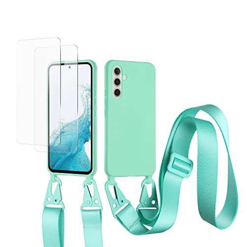 vrupin kompatibel mit Samsung Galaxy A23 4G/5G Handykette Hülle,[2 Stück Schutzfolie 9H Härte Gehärtete Folie].Necklace Hülle Nylon Schultergurt Weich Flüssiges Silikon-hellgrün von vrupin