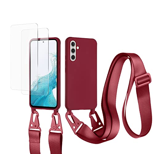 vrupin kompatibel mit Samsung Galaxy A23 4G/5G Handykette Hülle,[2 Stück Schutzfolie 9H Härte Gehärtete Folie].Necklace Hülle Nylon Schultergurt Weich Flüssiges Silikon-rot von vrupin
