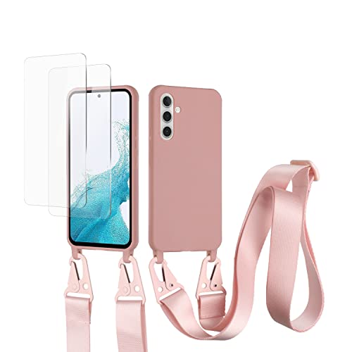 vrupin kompatibel mit Samsung Galaxy A24 4G/5G Handykette Hülle,[2 Stück Schutzfolie 9H Härte Gehärtete Folie].Necklace Hülle Nylon Schultergurt Weich Flüssiges Silikon-Lotus Farbe von vrupin
