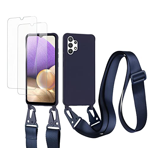 vrupin kompatibel mit Samsung Galaxy A32 4G Handykette Hülle,[2 Stück Schutzfolie 9H Härte Gehärtete Folie].Necklace Hülle Nylon Schultergurt Weich Flüssiges Silikon-Navy blau von vrupin