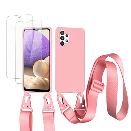 vrupin kompatibel mit Samsung Galaxy A32 4G Handykette Hülle,[2 Stück Schutzfolie 9H Härte Gehärtete Folie].Necklace Hülle Nylon Schultergurt Weich Flüssiges Silikon-dunkel pink von vrupin