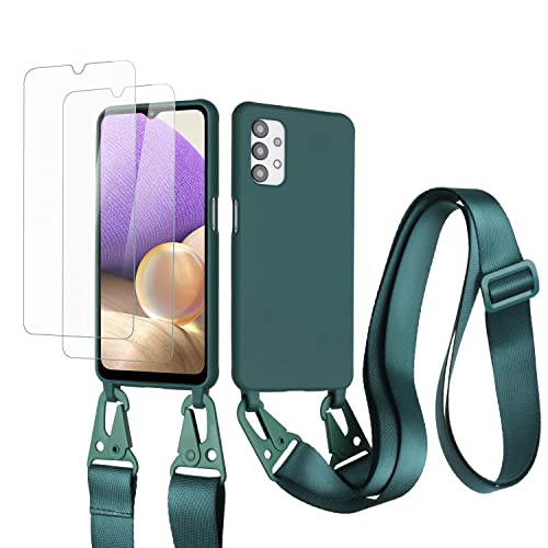 vrupin kompatibel mit Samsung Galaxy A32 5G/M52 Handykette Hülle,[2 Stück Schutzfolie 9H Härte Gehärtete Folie].Necklace Hülle Nylon Schultergurt Weich Flüssiges Silikon-Dunkelgrün von vrupin