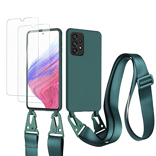vrupin kompatibel mit Samsung Galaxy A33 5G Handykette Hülle,[2 Stück Schutzfolie 9H Härte Gehärtete Folie].Necklace Hülle Nylon Schultergurt Weich Flüssiges Silikon-Dunkelgrün von vrupin
