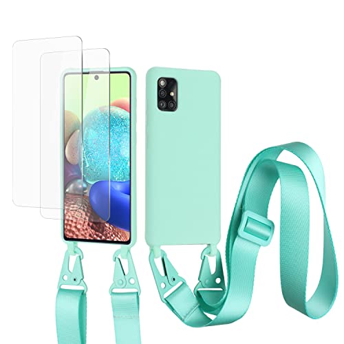 vrupin kompatibel mit Samsung Galaxy A51 4G Handykette Hülle,[2 Stück Schutzfolie 9H Härte Gehärtete Folie].Necklace Hülle Nylon Schultergurt Weich Flüssiges Silikon-hellgrün von vrupin