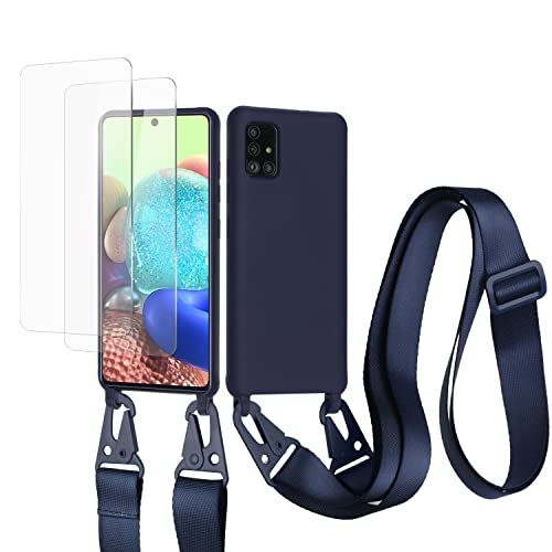 vrupin kompatibel mit Samsung Galaxy A52 5G Handykette Hülle,[2 Stück Schutzfolie 9H Härte Gehärtete Folie].Necklace Hülle Nylon Schultergurt Weich Flüssiges Silikon-Navy blau von vrupin