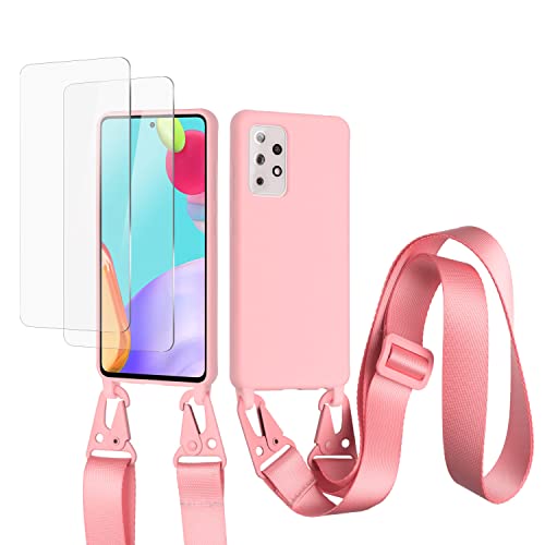 vrupin kompatibel mit Samsung Galaxy A52 5G Handykette Hülle,[2 Stück Schutzfolie 9H Härte Gehärtete Folie].Necklace Hülle Nylon Schultergurt Weich Flüssiges Silikon-dunkel pink von vrupin