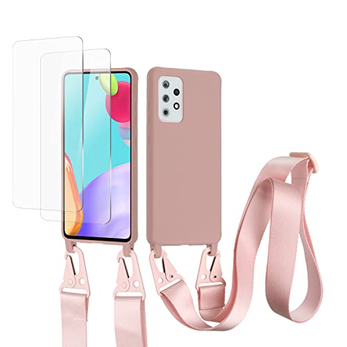 vrupin kompatibel mit Samsung Galaxy A53 5G Handykette Hülle,[2 Stück Schutzfolie 9H Härte Gehärtete Folie].Necklace Hülle Nylon Schultergurt Weich Flüssiges Silikon-Lotus Farbe von vrupin