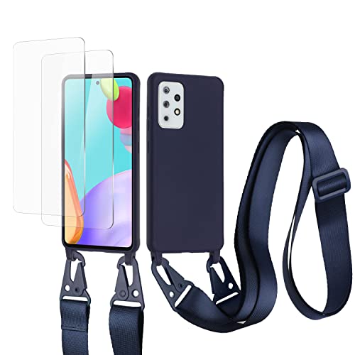 vrupin kompatibel mit Samsung Galaxy A53 5G Handykette Hülle,[2 Stück Schutzfolie 9H Härte Gehärtete Folie].Necklace Hülle Nylon Schultergurt Weich Flüssiges Silikon-Navy blau von vrupin