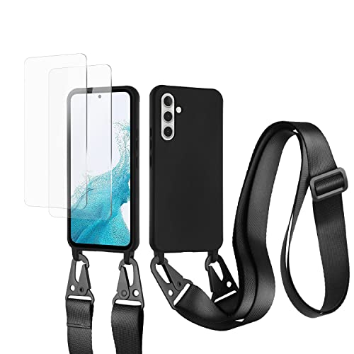 vrupin kompatibel mit Samsung Galaxy A54 5G Handykette Hülle,[2 Stück Schutzfolie 9H Härte Gehärtete Folie].Necklace Hülle Nylon Schultergurt Weich Flüssiges Silikon-schwarz von vrupin