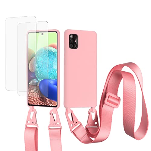 vrupin kompatibel mit Samsung Galaxy A71 4G Handykette Hülle,[2 Stück Schutzfolie 9H Härte Gehärtete Folie].Necklace Hülle Nylon Schultergurt Weich Flüssiges Silikon-dunkel pink von vrupin