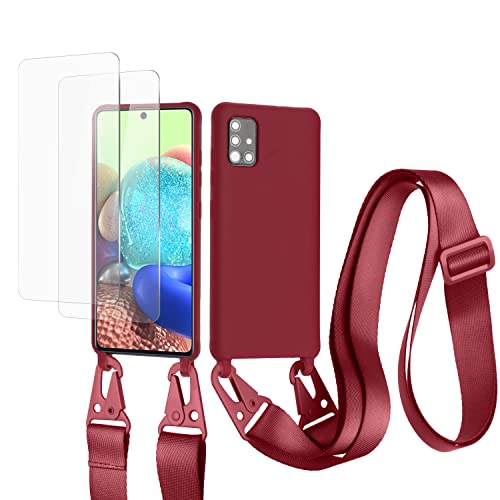 vrupin kompatibel mit Samsung Galaxy A71 4G Handykette Hülle,[2 Stück Schutzfolie 9H Härte Gehärtete Folie].Necklace Hülle Nylon Schultergurt Weich Flüssiges Silikon-rot von vrupin