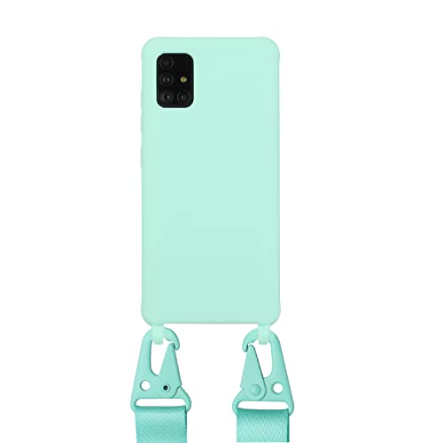 vrupin kompatibel mit Samsung Galaxy A71 5G Handykette Hülle,[2 Stück Schutzfolie 9H Härte Gehärtete Folie].Necklace Hülle Nylon Schultergurt Weich Flüssiges Silikon-hellgrün von vrupin