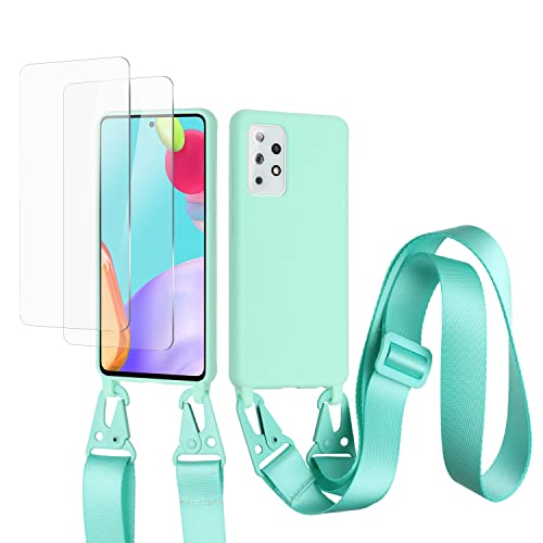 vrupin kompatibel mit Samsung Galaxy A72 5G Handykette Hülle,[2 Stück Schutzfolie 9H Härte Gehärtete Folie].Necklace Hülle Nylon Schultergurt Weich Flüssiges Silikon-hellgrün von vrupin