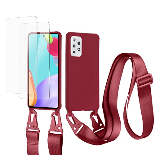 vrupin kompatibel mit Samsung Galaxy A72 5G Handykette Hülle,[2 Stück Schutzfolie 9H Härte Gehärtete Folie].Necklace Hülle Nylon Schultergurt Weich Flüssiges Silikon-rot von vrupin