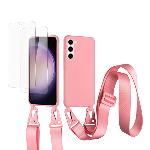 vrupin kompatibel mit Samsung Galaxy S23 Handykette Hülle,[2 Stück Schutzfolie 9H Härte Gehärtete Folie].Necklace Hülle Nylon Schultergurt Weich Flüssiges Silikon-dunkel pink von vrupin