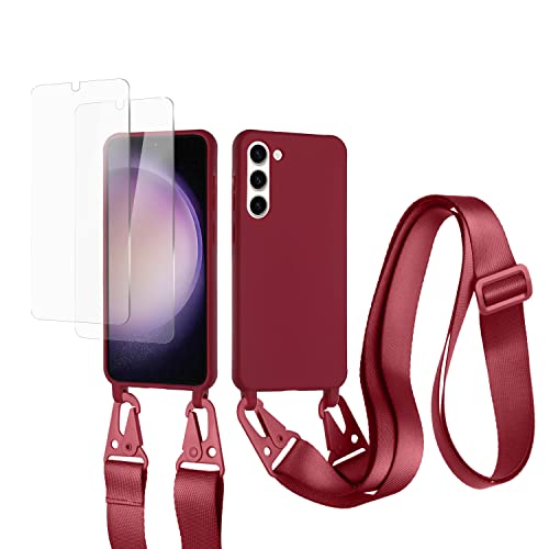vrupin kompatibel mit Samsung Galaxy S23 Handykette Hülle,[2 Stück Schutzfolie 9H Härte Gehärtete Folie].Necklace Hülle Nylon Schultergurt Weich Flüssiges Silikon-rot von vrupin