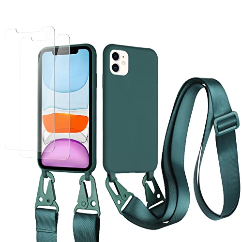 vrupin kompatibel mit iPhone 11 Handykette Hülle,[2 Stück Schutzfolie 9H Härte Gehärtete Folie].Necklace Hülle Nylon Schultergurt Weich Flüssiges Silikon-Dunkelgrün von vrupin