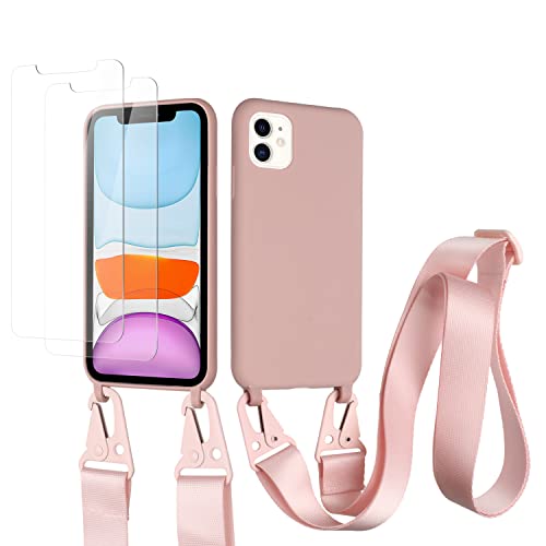 vrupin kompatibel mit iPhone 11 Handykette Hülle,[2 Stück Schutzfolie 9H Härte Gehärtete Folie].Necklace Hülle Nylon Schultergurt Weich Flüssiges Silikon-Lotus Farbe von vrupin