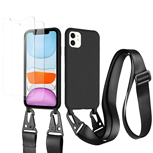 vrupin kompatibel mit iPhone 11 Handykette Hülle,[2 Stück Schutzfolie 9H Härte Gehärtete Folie].Necklace Hülle Nylon Schultergurt Weich Flüssiges Silikon-schwarz von vrupin