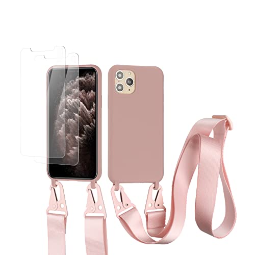 vrupin kompatibel mit iPhone 11 Pro Handykette Hülle,[2 Stück Schutzfolie 9H Härte Gehärtete Folie].Necklace Hülle Nylon Schultergurt Weich Flüssiges Silikon-Lotus Farbe von vrupin