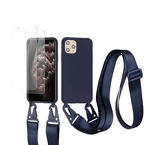 vrupin kompatibel mit iPhone 11 Pro Handykette Hülle,[2 Stück Schutzfolie 9H Härte Gehärtete Folie].Necklace Hülle Nylon Schultergurt Weich Flüssiges Silikon-Navy blau von vrupin