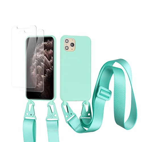 vrupin kompatibel mit iPhone 11 Pro Handykette Hülle,[2 Stück Schutzfolie 9H Härte Gehärtete Folie].Necklace Hülle Nylon Schultergurt Weich Flüssiges Silikon-hellgrün von vrupin