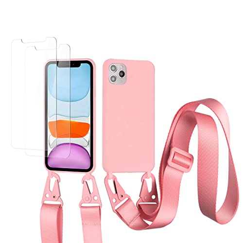 vrupin kompatibel mit iPhone 11 Pro Max Handykette Hülle,[2 Stück Schutzfolie 9H Härte Gehärtete Folie].Necklace Hülle Nylon Schultergurt Weich Flüssiges Silikon-dunkel pink von vrupin