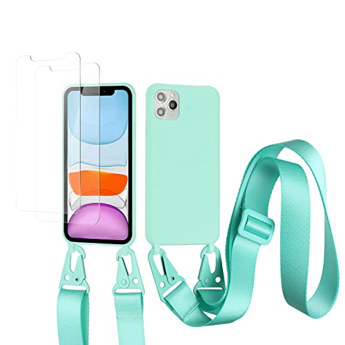 vrupin kompatibel mit iPhone 11 Pro Max Handykette Hülle,[2 Stück Schutzfolie 9H Härte Gehärtete Folie].Necklace Hülle Nylon Schultergurt Weich Flüssiges Silikon-hellgrün von vrupin