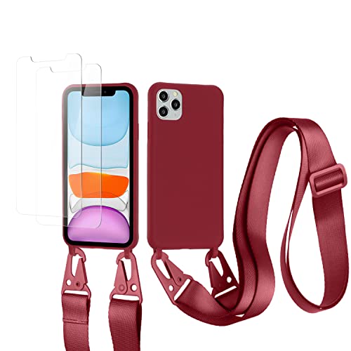 vrupin kompatibel mit iPhone 11 Pro Max Handykette Hülle,[2 Stück Schutzfolie 9H Härte Gehärtete Folie].Necklace Hülle Nylon Schultergurt Weich Flüssiges Silikon-rot von vrupin