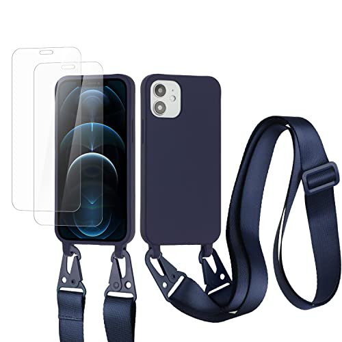 vrupin kompatibel mit iPhone 12 Mini Handykette Hülle,[2 Stück Schutzfolie 9H Härte Gehärtete Folie].Necklace Hülle Nylon Schultergurt Weich Flüssiges Silikon-Navy blau von vrupin